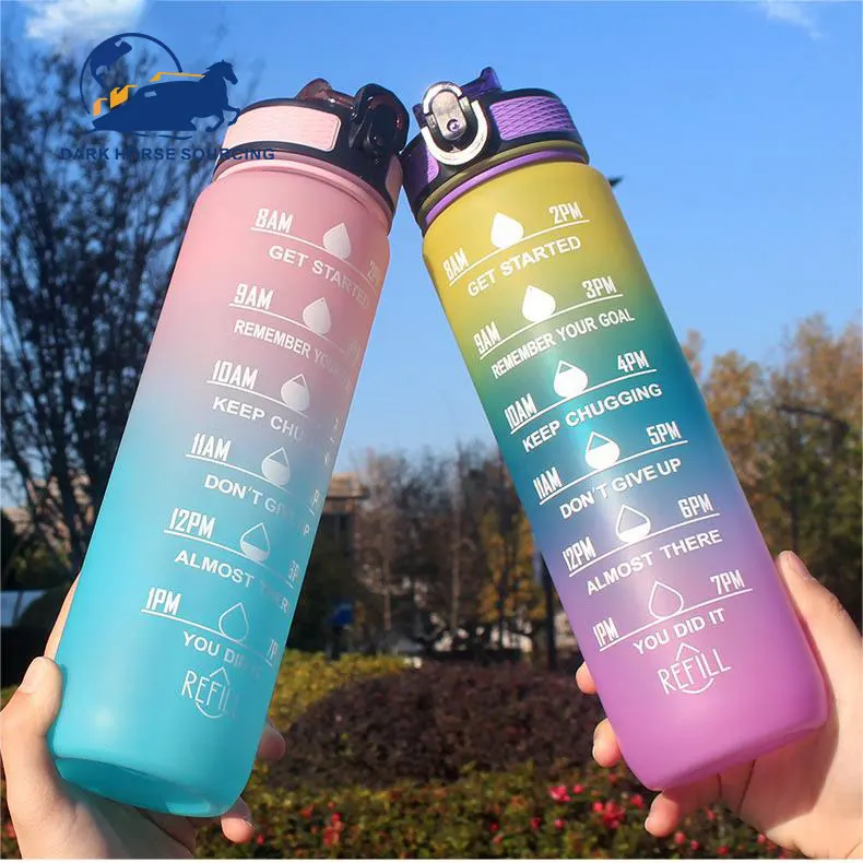 1 Liter BPA Free gradient color Plastic motivational bottle water gym water bottles for sports with straw