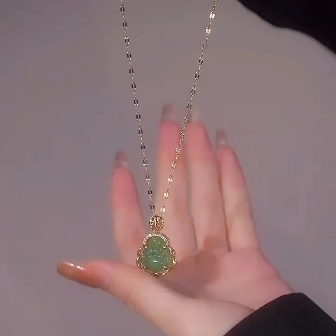 Горячая распродажа из нержавеющей стали 18K позолоченный Кристалл буддизм нефритовые ювелирные изделия инкрустация Алмазный нефрит Будда кулон ожерелье