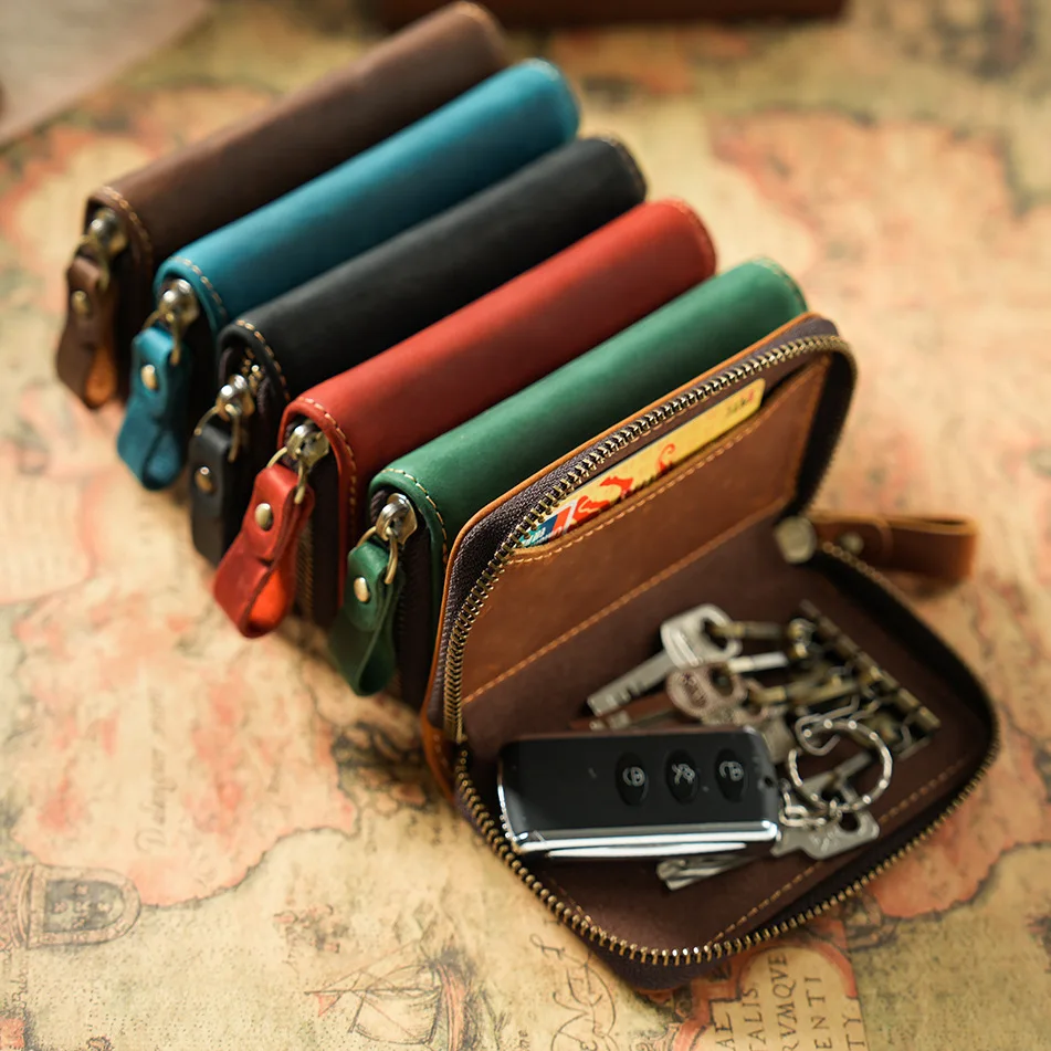 Crazy Horse Full Grain Coin Purse Customized Color Genuine Leather Metal Zipper Keychain Car Key Case Retro Key Wallets Bag