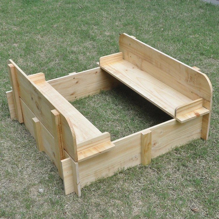 Outdoor Kids Playing Backyard Wooden Sandbox With Two Bench