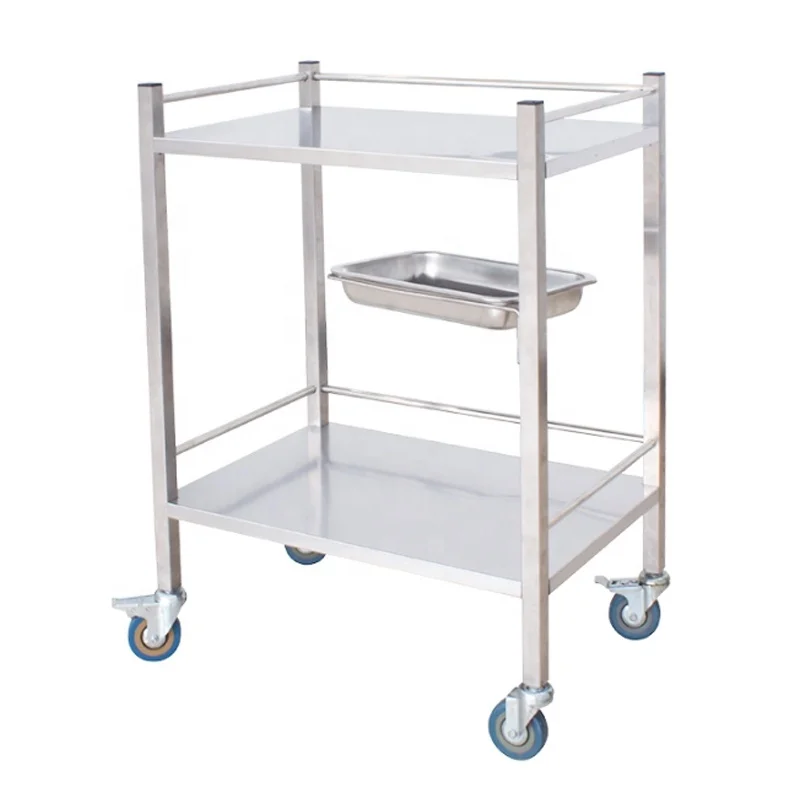 Stainless Steel Medical Hospital Trolley Cart, Dressing, Treatment, Medicine Trolley with Drawers and Basin