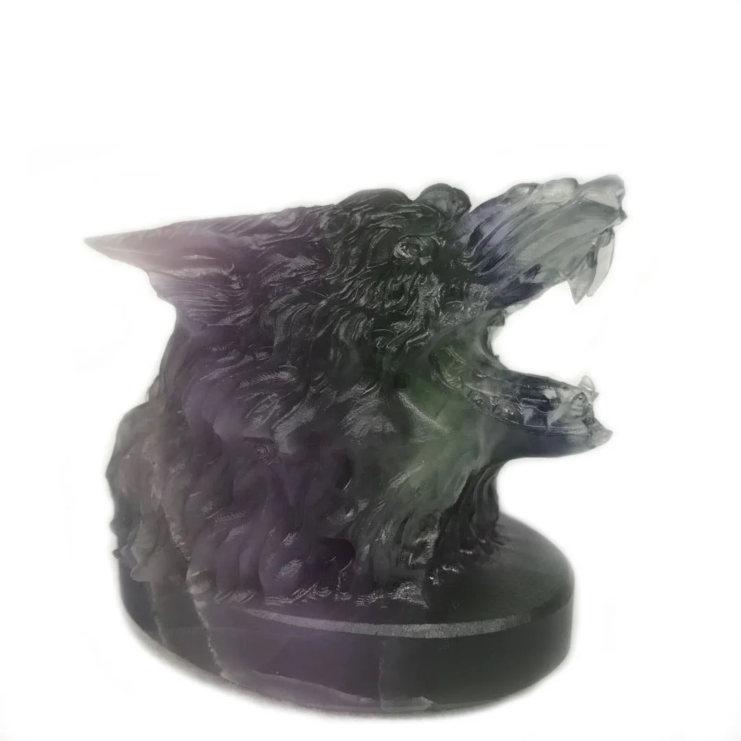 Nice quality hand carved rainbow fluorite sculpture natural wolf head animals statue for home decoration wholesale