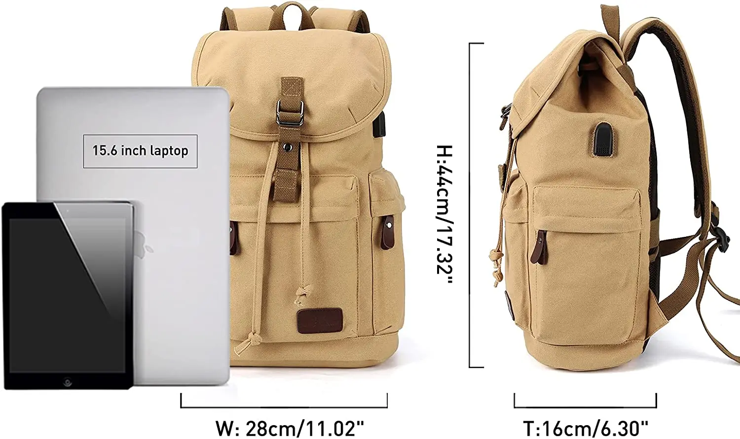 Canvas Vintage Backpack for Men Women,Travel Laptop Backpack  with USB Charge Port School College Book Bag Fit 15.6 Inch Laptop