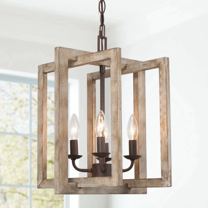 American Rustic Retro Chandelier Square wrought iron and wood art Pendant Light for Dinning Room