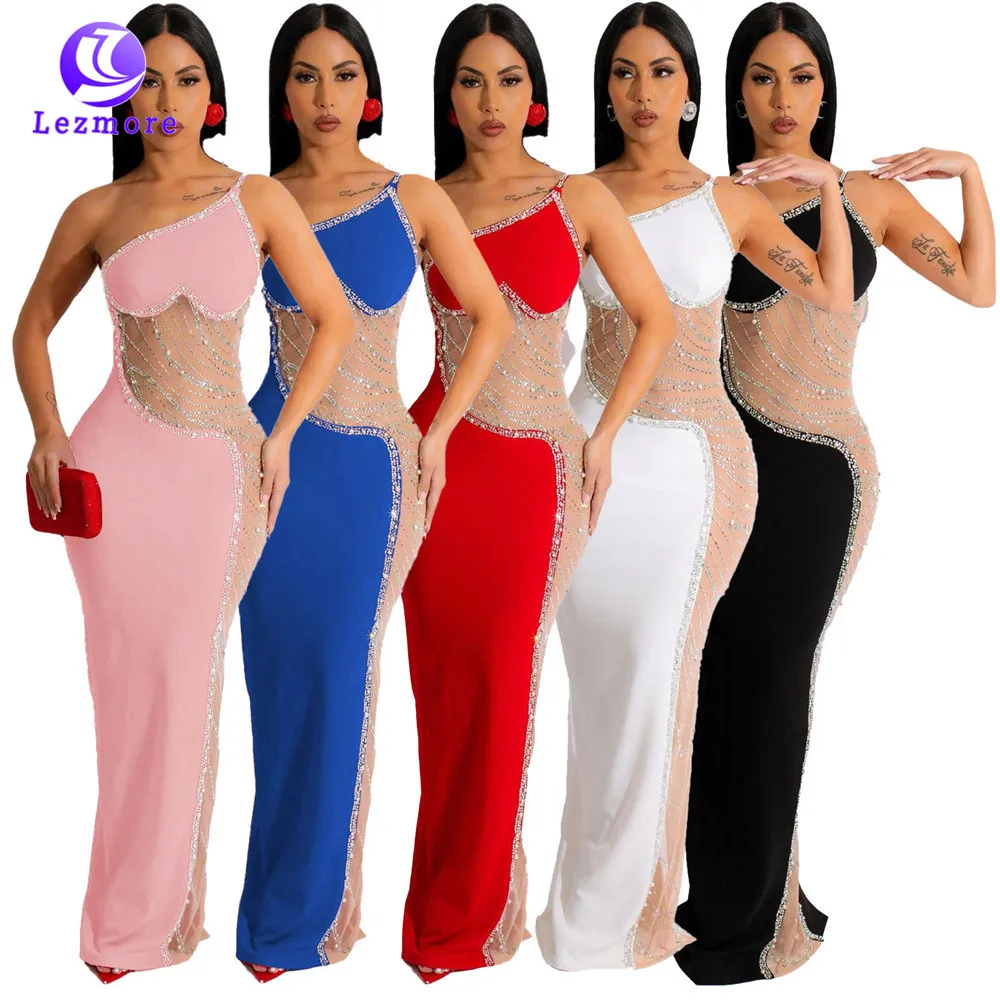Women Sleeveless One Shoulder Suspender Mesh Patchwork Diamonds Decoration Maxi Dress Sexy Club Evening Party Dresses