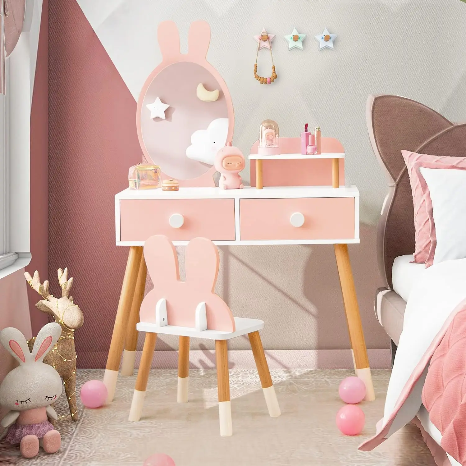 Fast Delivery Baby Cosmetic Mirror Bedroom Pink Chair Children Wooden Vanity Makeup Dresser Classic Dressing Tables For Girl