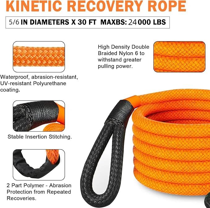 22M 24000lbs 5/6IN High Quality Nylon Heavy Duty Kinetic Recovery Tow Rope Straps Kit for Trucks Tractor Kinetic Rope