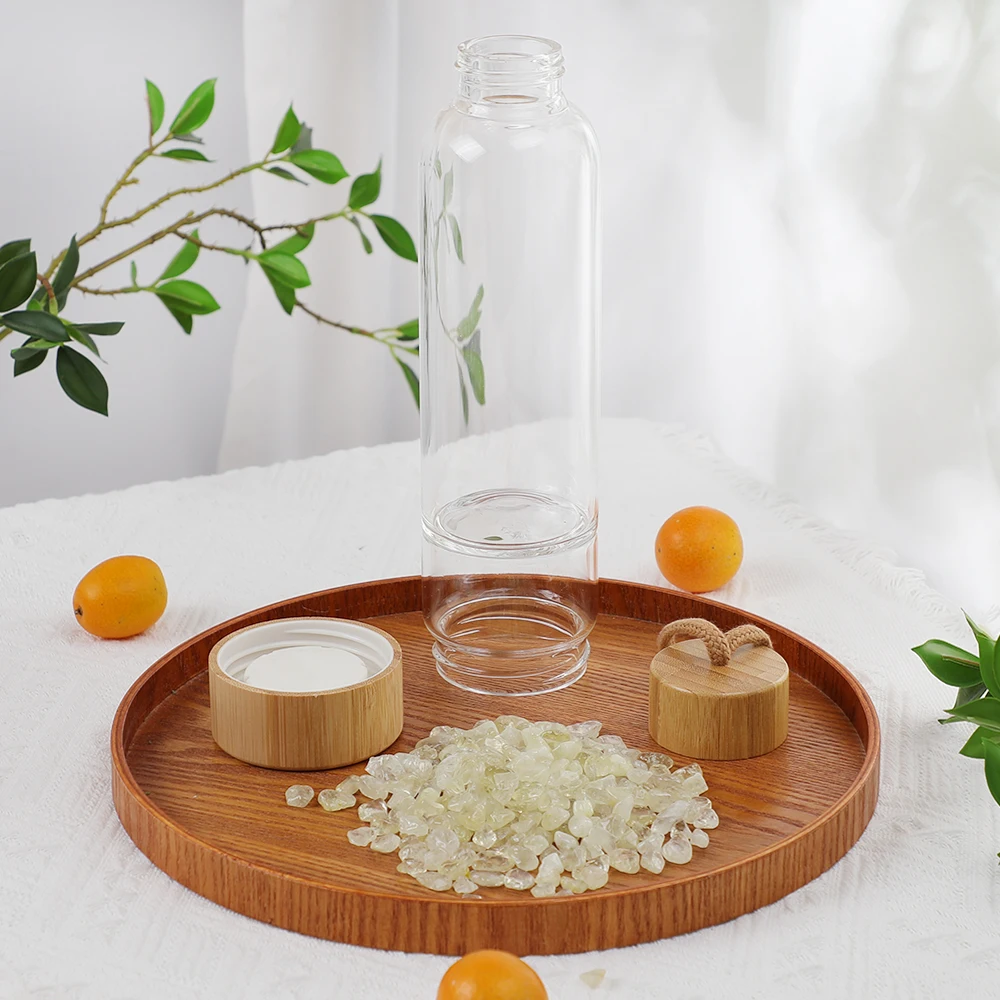 Natural Crystal Infused Glass Water Bottle Bamboo Lid Gemstone Water Bottle with crystal inside