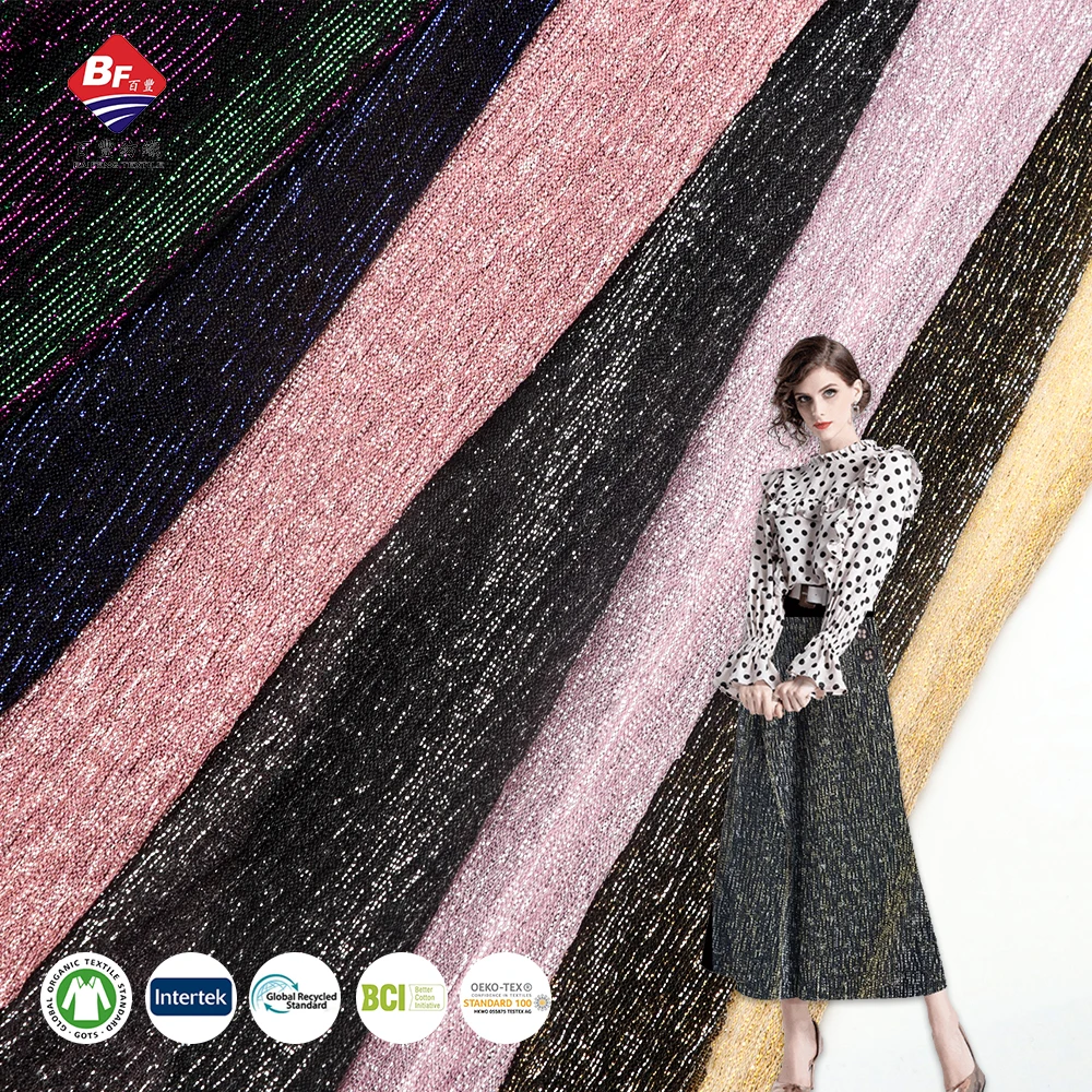 New Arrival Metallic Foil Pleated Fabric 100% Polyester Colorful Stretch Foil Fabric For Ladies Summer Dress