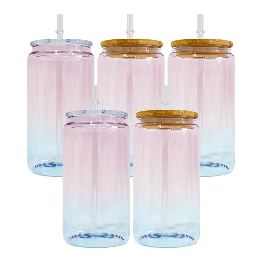 16oz sublimation Can Shaped Drinking Glasses pink blue colored gradient crystal ocean glass can for iced coffee, soda, Pop