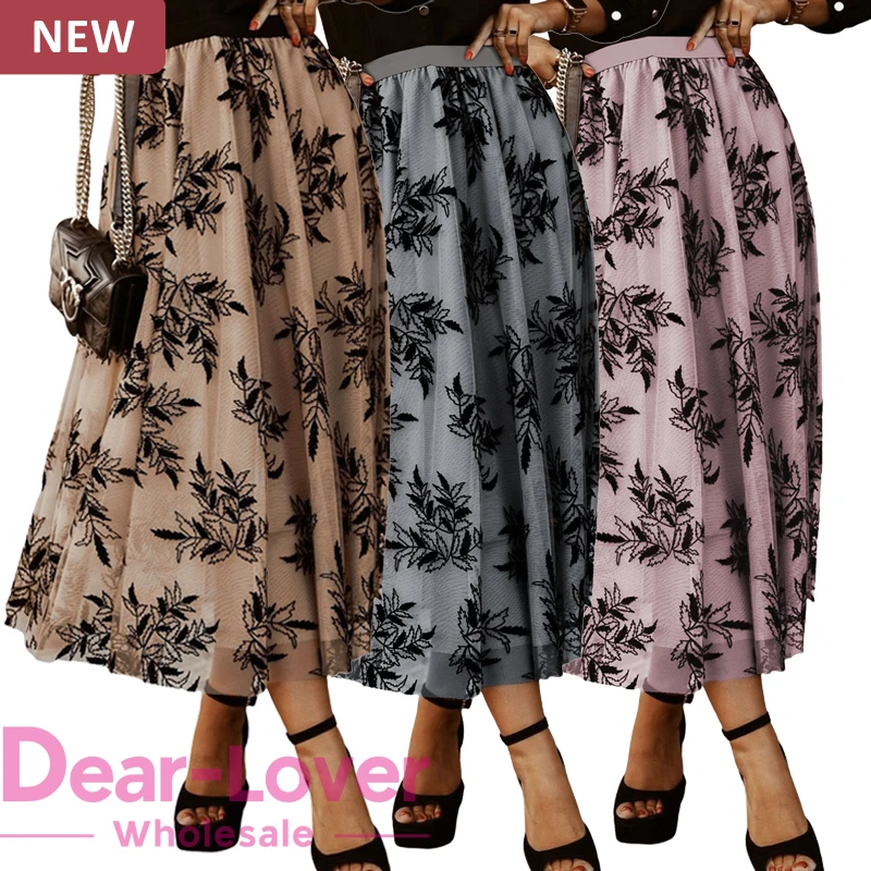 Dear-Lover Wholesale Stylish Fashion New Elegant Floral Leaves Embroidered High Waist Women Long Maxi Skirts