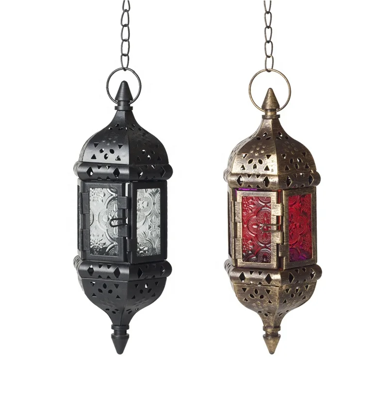 Metal Antique finish Hanging moroccan Candle Lantern For Wedding Decorative Lanterns With Colored Glass Lantern For Home Decor