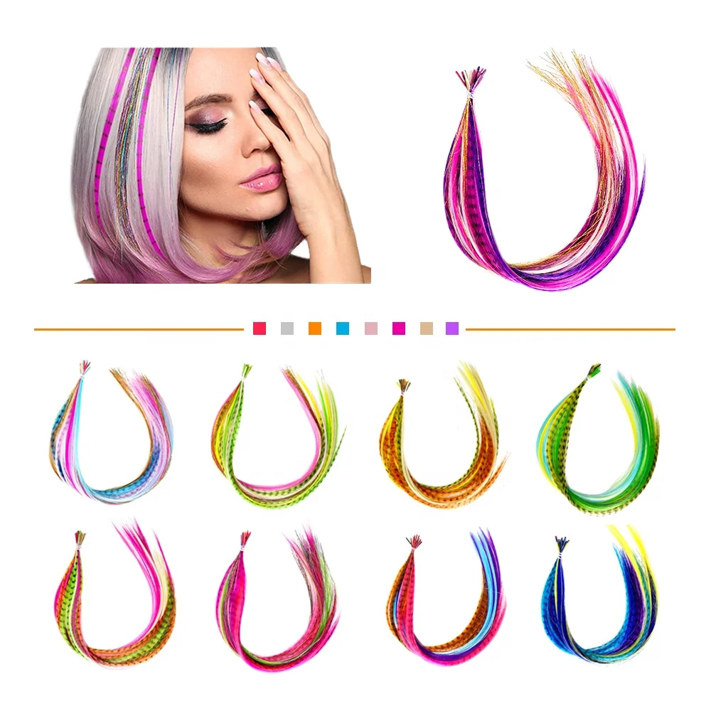 Shinein Long Straight Fiber Colorful Cheap Feather Extensions Rooster Synthetic Hair Feather Extensions for Party