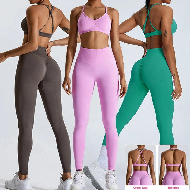 Women Seamless Workout Sets Active Wear Strappy Sports Bra High Waist Booty Legging Outfits 2 Piece Set Gym Fitness Yoga Set