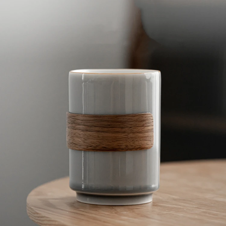 Custom Luxury Modern 12oz Tea Cup Unique Minimalist Grey Ceramic Coffee Mug with Bamboo Sleeve
