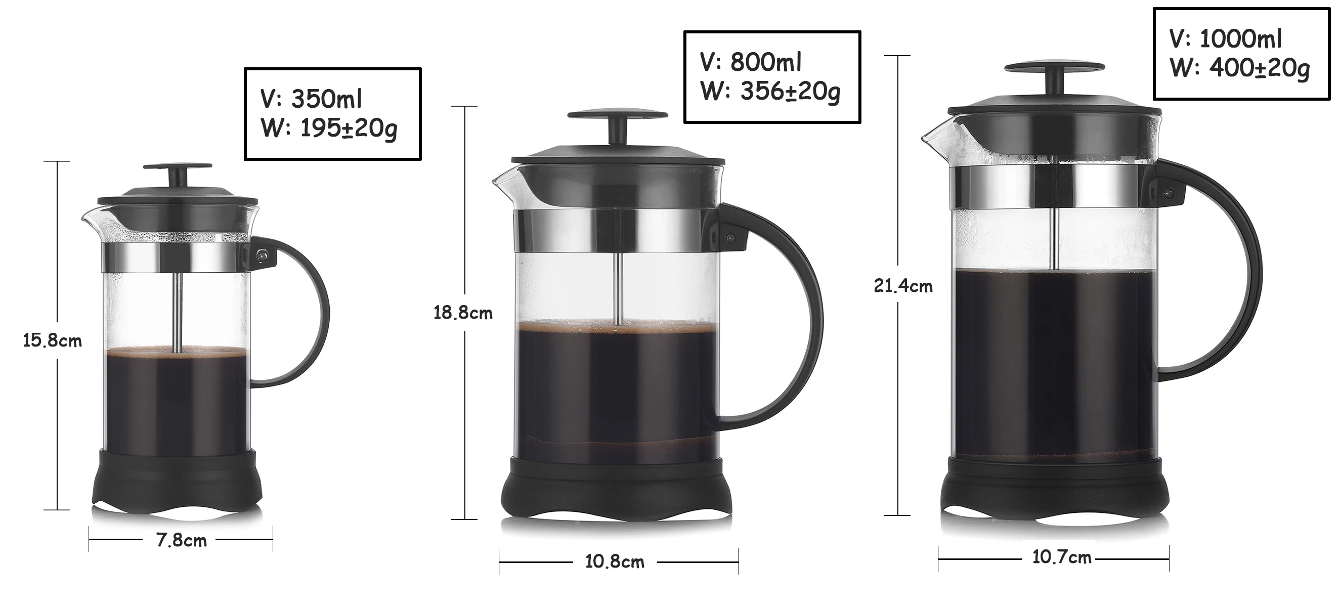 New style 350ml 800ml 1000ml high borosilicate high quality cafetiere insulated glass french press coffee and tea maker