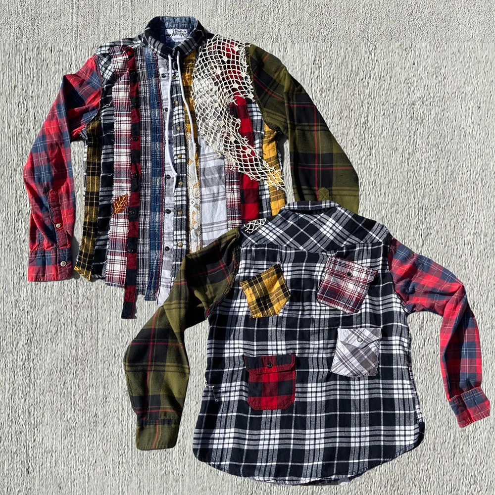 Custom hip hop streetwear uneven hem distressed men plaid shirts paneled flannels patchwork cut and sew panel flannel shirt