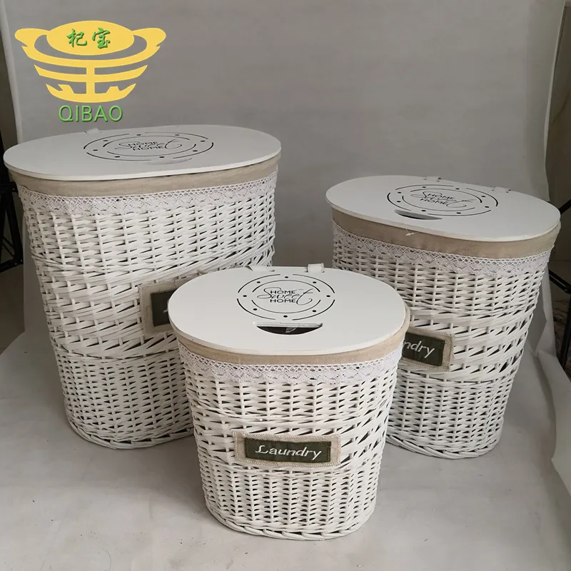 Modern Nordic style wicker woven laundry basket 3-piece stackable storage laundry basket with wooden cover