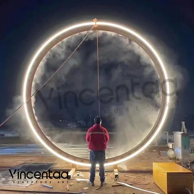 Vincentaa Custom Outdoor Large Ring Stainless Steel Metal Sculpture With LED Lights Modern Public Art