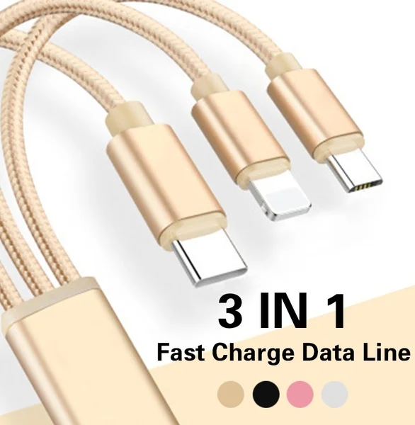 best quality Nylon Braided data wire 3A super Fast Charging Charger 3 in 1 Usb Charger  Cable for phone