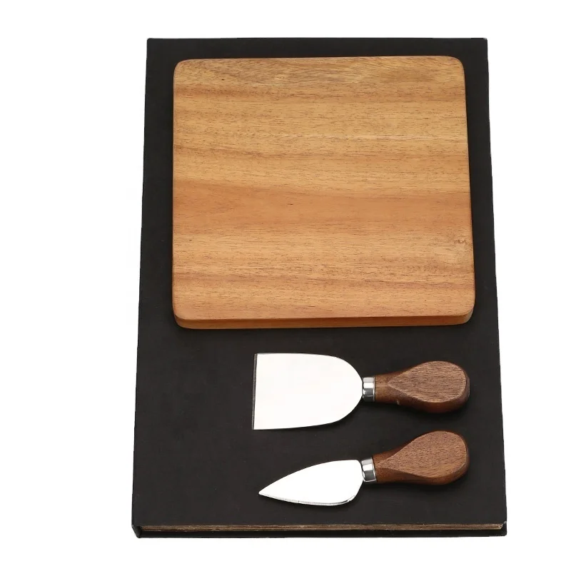 Hot Sale Black Book Box Gift Set Acacia Wooden Cutting Board with 2 Pieces Cheese Knife Set Tools
