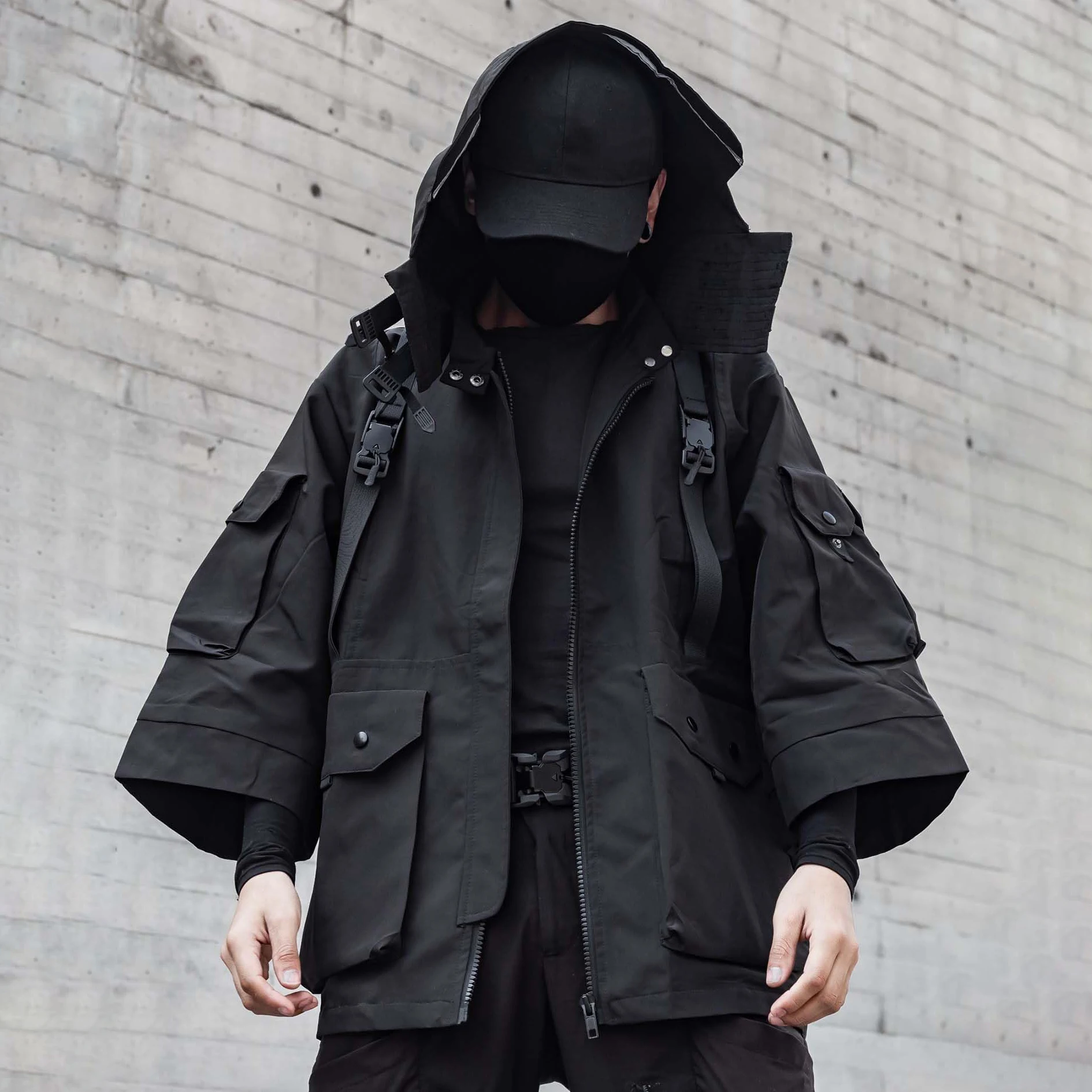 punk style Multi pocket Mens Punk Hooded Streetwear custom logo Windbreaker Jacket Black Techwear Buckled Zip Cargo Jacket