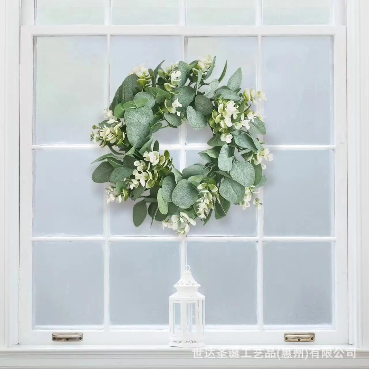 Artificial Eucalyptus Wreath For Front Door Boxwood Wreath Spring Summer Green Leaf Wreath With White Flowers For Decor
