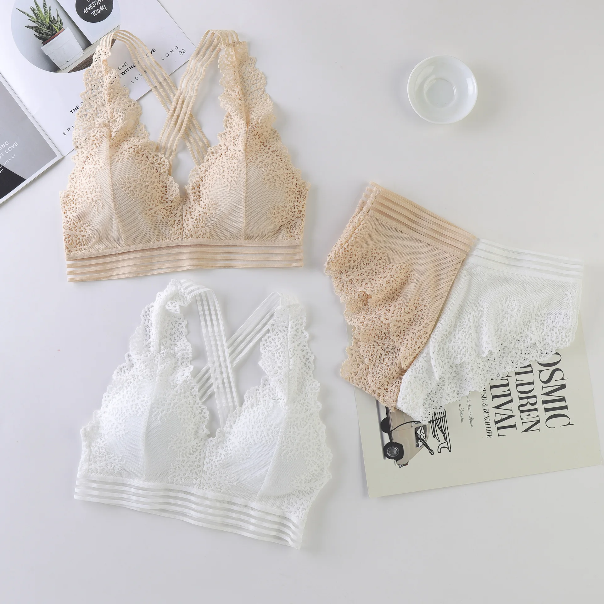 Deep V neck lace brallet bra panty set fashion embroidery lace triangle halter bra brief set wireless bra with removable pads