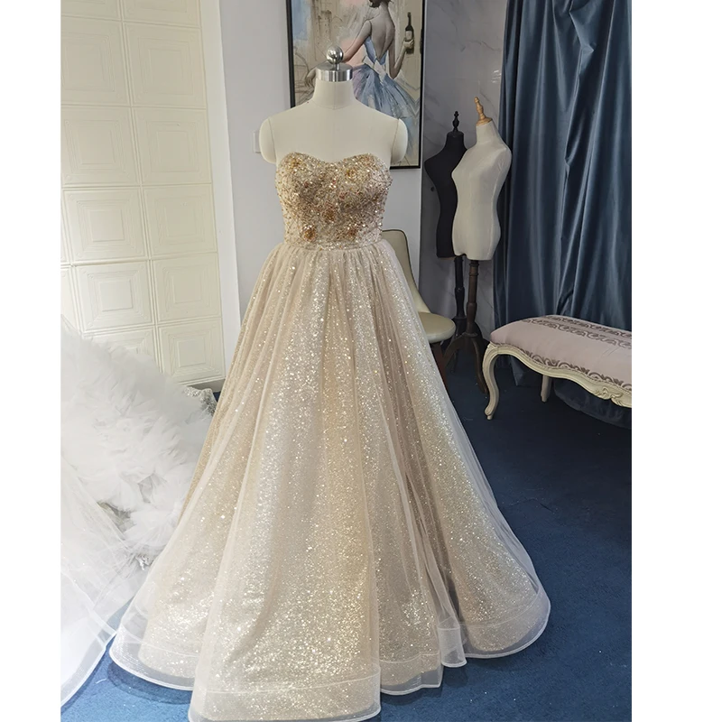 gold color gown shoiny fabric A-Line Beading Embroidered Modern Wedding Dresses