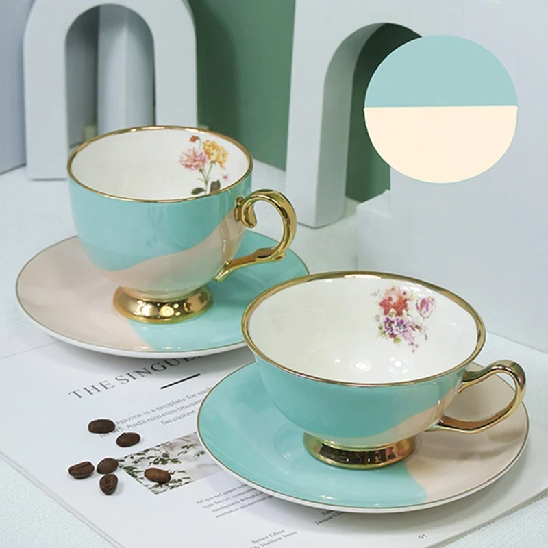 Porcelain Contrast Color Gradient Tea Cups and Saucers Set Pink Blue Green Luxury Ceramic Coffee Cup set