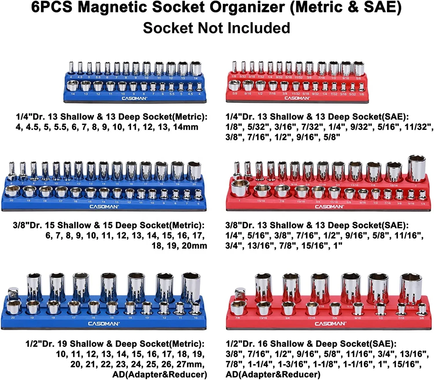 1/4 3/8 1/2inch SAE and Metric Multi-Drive Magnetic Socket Tool Tray Organizer with Double Rows