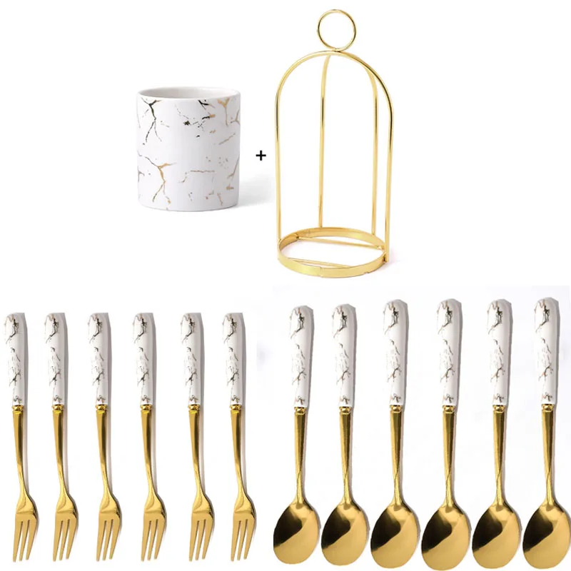 
 Golden Tableware Marbled Ceramic Cutlery Set Storage Tank 410 Stainless Steel Spoon and Fork Set Mirror Coffee Fork Dinner Set  