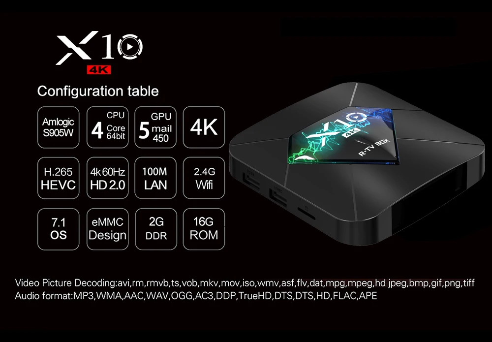 OEM android tv box X10 4k Android 7.1 2G 16G Smart tv box r-tv box X10 amlogic s905w