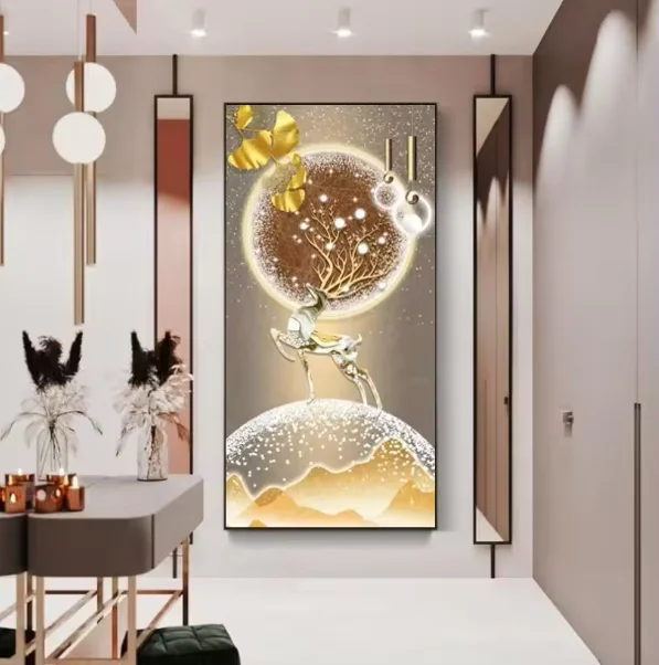 Custom wholesale luxury home Living Room Porch Decor Large Size deer Crystal Porcelain Painting Wall Art Diamond Framed Painting