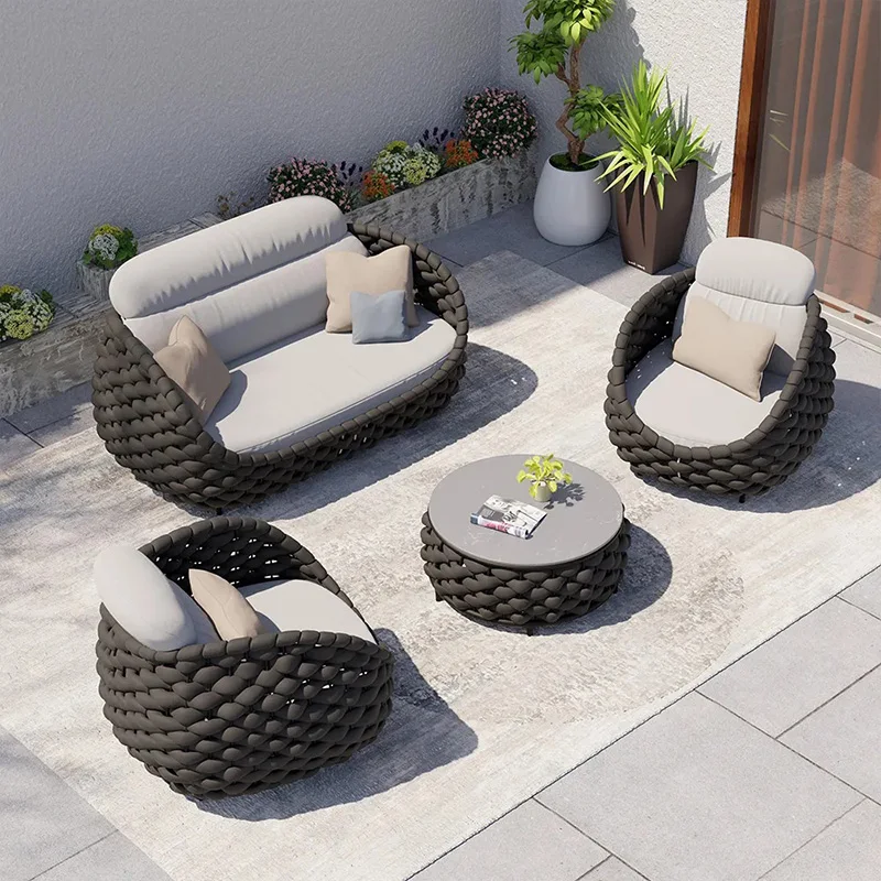 Modern Villa Wicker Rope Garden Set Outdoor Rattan Sofa Outdoor Patio Furniture Metal Garden Sofas Aluminum Garden Furniture
