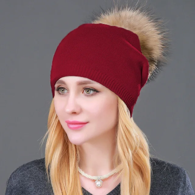 Factory Wholesale Winter Knitted Beanie Hat For Women Real Fur Pom Pom Hats Soft Warm Cashmere Wool Knitted Beanie Hats