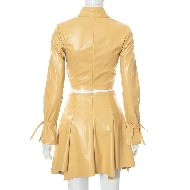 Trendy Women Winter Outfit Party Wear Pleated Skirt And Crop Top Jacket Set Two Pieces Solid Color Leather Sexy Skirt Set