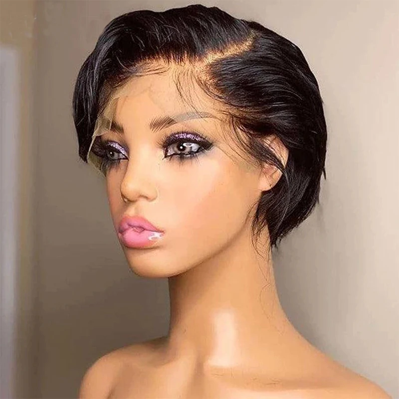 Pixie Cut Human Hair Wigs Lace Front Wigs for Black Brazilian Wholesale Short Straight Part Lace Women 13*1 L Transparent