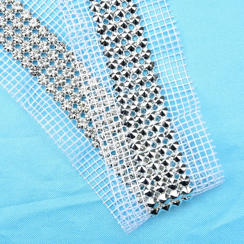 4 Rows Crystal Netting Silver Base Shiny Diamond Mesh Fabric Rhinestone Trimming for Shoes Bags Clothing Accessories