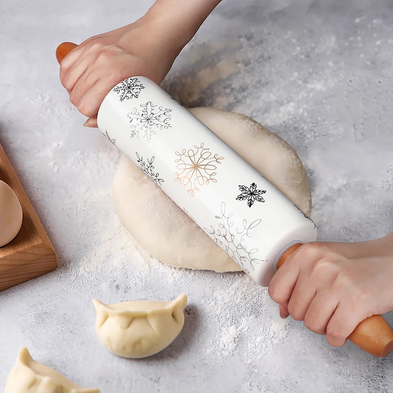 Custom Pattern Color Decorative Cake Baking Tools Wood Handle Ceramic Rolling Pin