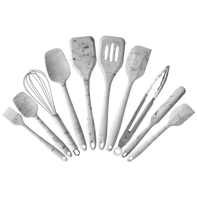 Hot Selling One in Piece Design Kitchen Cooking Tools Set 10 Pieces Premium marble veining Kitchen Utensils Silicone Spatula Set