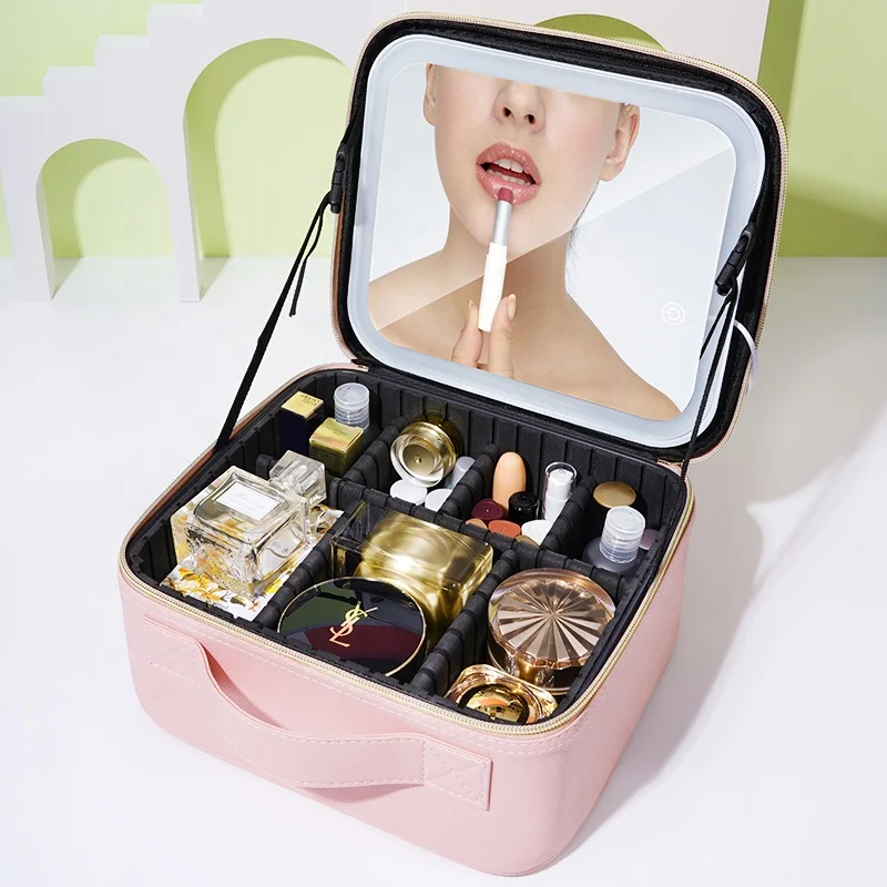 Travel Makeup Bag with Mirror of LED Lighted Rechargeable Cosmetic Train Case with Adjustable Dividers Makeup Case with Mirror