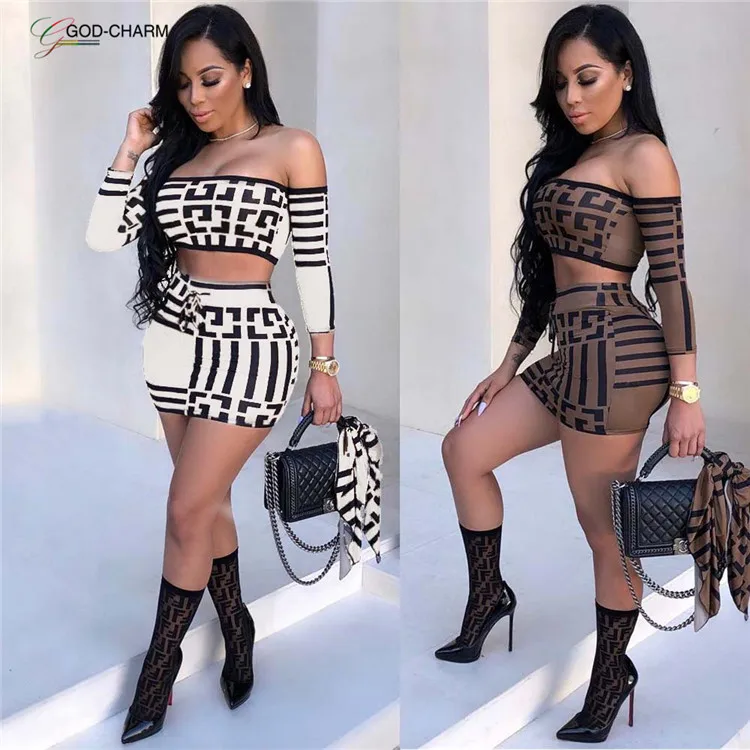 
YH-86971143 Wholesale African 2019 low price print pattern 2 piece off shoulder crop top mini skirt set 