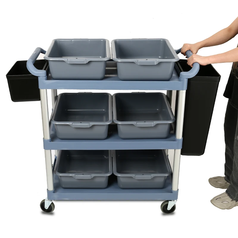 Kitchen Hotel 3-Tier Household Plastic Collect Boxes Tableware Dish Mobile Dolly Cleaning Service Trolley