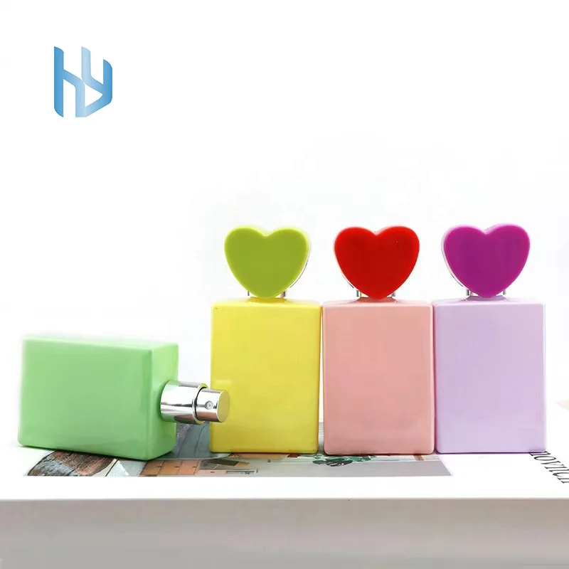 in stock 30ml square Heart shaped Macaron colored glass perfume spray bottle Beautiful cosmetic perfume bottle