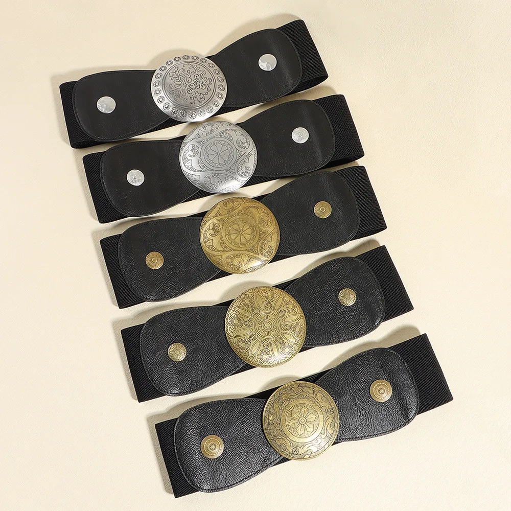 Vintage Wide Lady Elastic Belt with Big Round Engraved Buckle Five Design