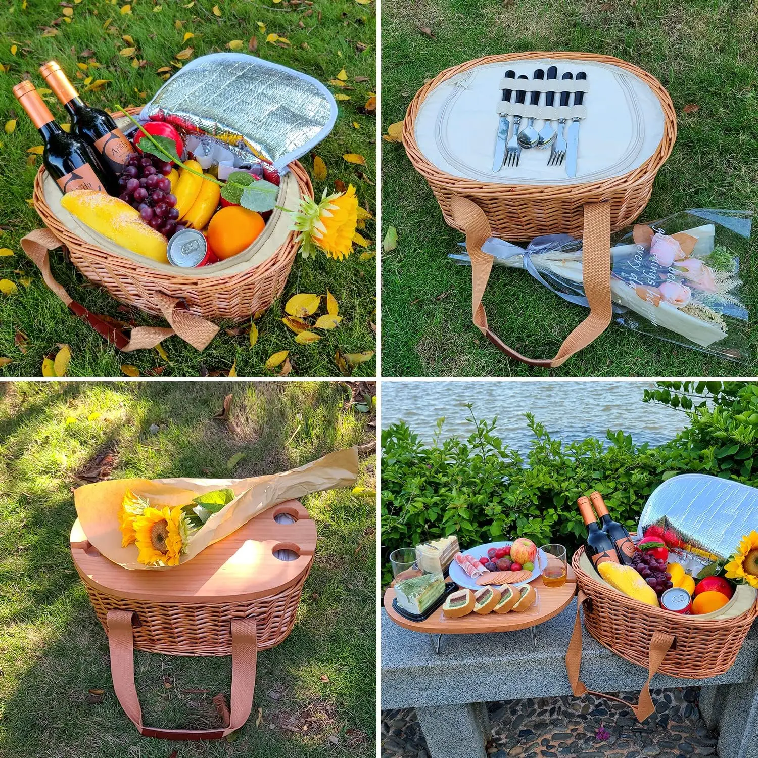 Wicker Picnic Basket Set for 2 with Folding Wine Picnic Table & Large Insulated Cooler Bag & Cutlery Service Kits for 2 Person