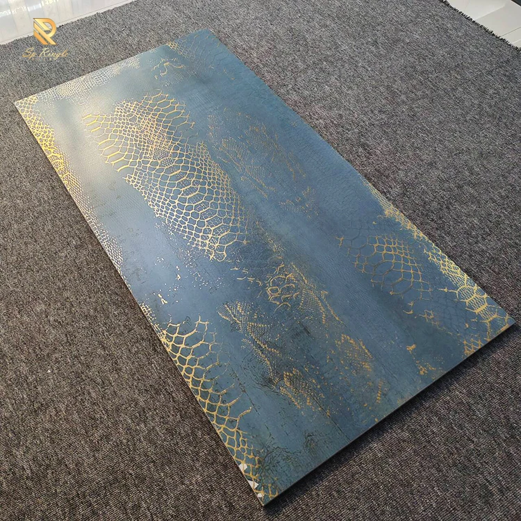 Springletile blue design matte floor tile shiny glod dragon texture sintered stone interior luxury hotel decorative wall tiles