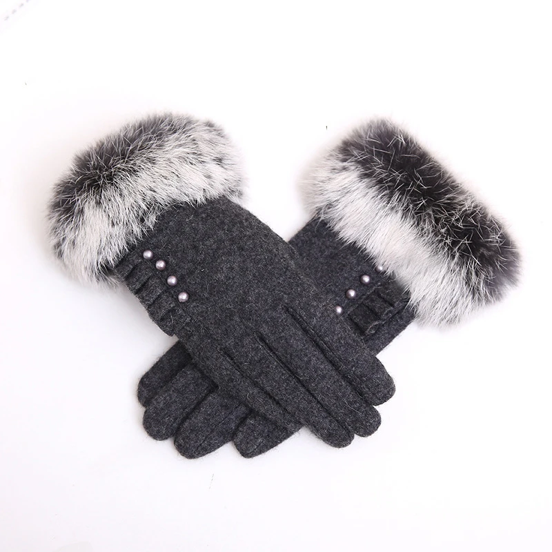 Custom Fashion Colorful Fluffy Rabbit Fur Cuff Gloves for Ladies Winter Woolen Warm Gloves for Women with Custom Label
