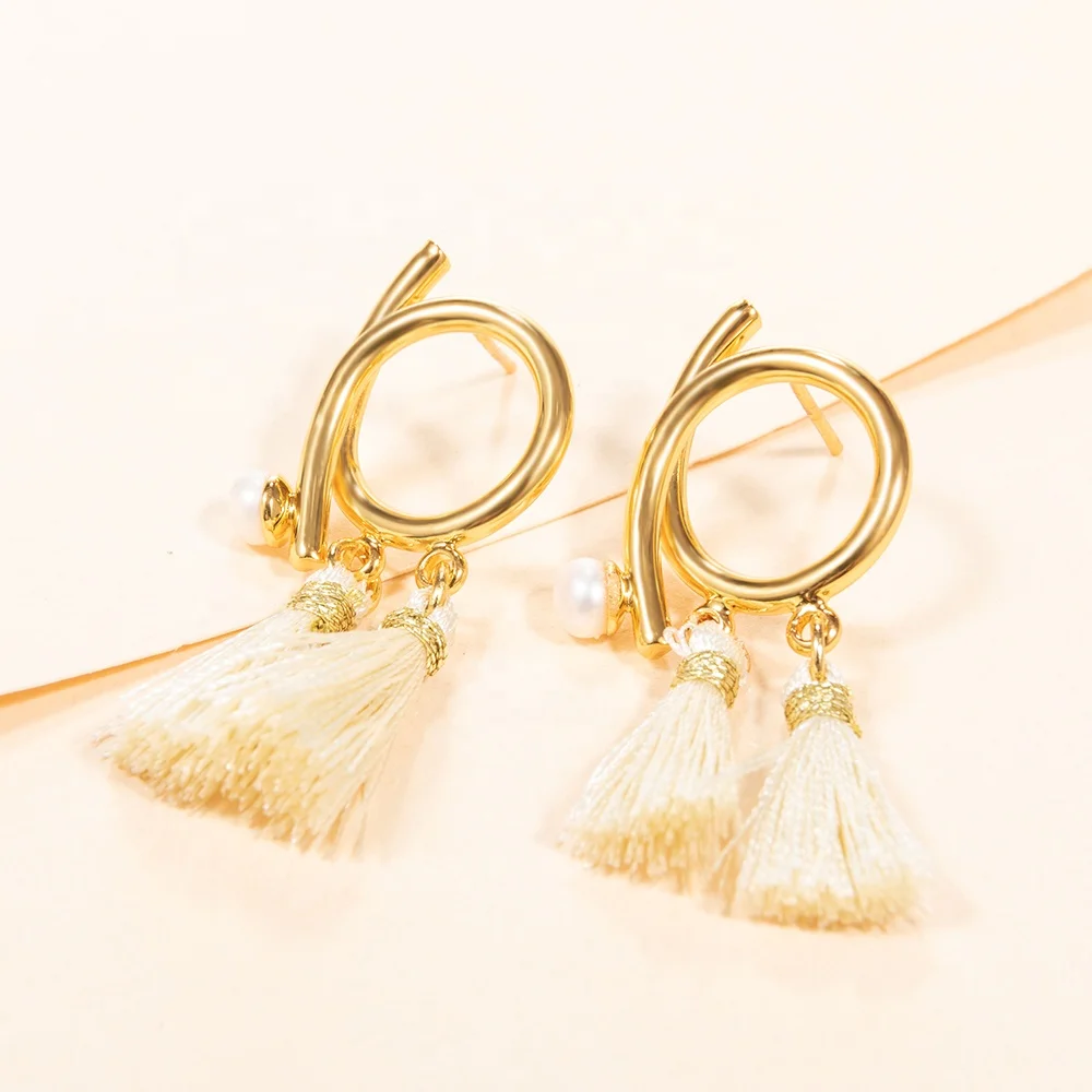 Wholesale natural seawater pearl 18k real gold plated copper dangle thread tassels wedding engagement earrings for women jewelry